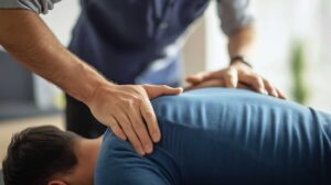 A chiropractor gently adjusting a patient's upper back while the patient lies on a padded treatment table.